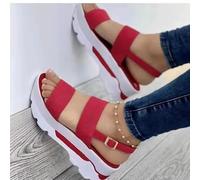 XWCG Sandalias Mujer Cuña Comodas Planas Sandalia Punta Abierta Casual Zapatos de Playa Retro Antideslizantes Zapatos Elegantes Sandalias,Rojo,US7.5/EU39