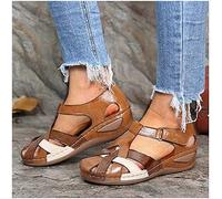 XWCG Sandalias Mujer Verano Cuña Sandalias Cerradas Cómodos Casual Zapatos de Playa Cross Tie Playas de Verano Plataforma Concisa Antideslizante,Marrón,US8/EU40