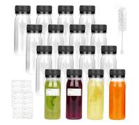 XWCHASA 16 botellas de plástico para rellenar, 60 ml/2 oz, vacías, transparentes, botellas de zumo de PET con tapa, cepillo, embudo, botella para batidos, ideal para zumo y leche