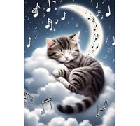 XWDYBDP DIY Diamond Painting Sleeping Cat, 5D Luxury Diamond Painting for Adults Beginners Musical Note Diamond Embroidery DIY Full Drill Moon Kitten Diamonds Art Home Wall Decoration 30x40cm