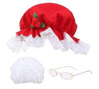Xweptuy 4 Piezas/Juego de Disfraz de señora Claus Que Incluye Peluca Blanca, Sombrero Rojo de Navidad, Gafas, redecilla, Disfraz de anciana de Talla única para Cosplay navideño para Adultos