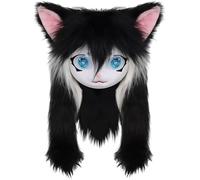 Xweptuy Cabeza peluda, máscara peluda de cabeza completa con ojos grandes, orejas y pelo largo, disfraz de máscara de traje de piel de animal para disfraces de disfraces de Halloween, negro #1