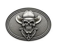 Xwest Western Cowboy - Hebilla de cinturón ovalada de aleación de zinc con diseño de calavera de sombrero de vaquero, color plateado, 10 x 7 cm