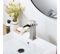 XWIHTR Grifo de baño de cascada de acero inoxidable y latón, ahorro de agua, grifo de lavabo con salida caliente y fría, grifo monomando (cepillado)