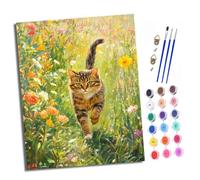 XXHXIE Pintura por Números Moderna DIY Kit de Pintar con Números sin Marco 40x50cm Un gato atigrado entre las flores. Pintura al óleo de Lienzo con Pinceles y Pigmento Acrílico para Adultos