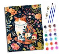 XXHXIE Pintura por Números para Adultos Gatito con los ojos cerrados entre flores Kit de Pintar por Números DIY con 3 Pinceles y Pinturas Acrílicas Con marco Regalo para Decoración de Pared del Hogar