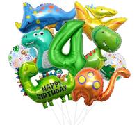 XXL decoración de cumpleaños de dinosaurios niños, 4 años dinosaurio globo de papel de aluminio, globos verdes dino, número globo 4 para dinosaurio jurásico niños fiesta de la selva de cumpleaños