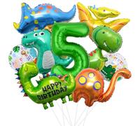 XXL decoración de cumpleaños de dinosaurios niños, 4 años dinosaurio globo de papel de aluminio, globos verdes dino, número globo 5 para dinosaurio jurásico niños fiesta de la selva de cumpleaños