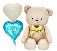 XXL Globos de Oso, Bär de Aluminio Ballon, Lindas Decoraciones con 2 globos corazón impresos "Mom to Be" - Azul, para fiesta temática de osos, accesorio fotográfico, Globo de Pie para Baby Shower
