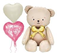 XXL Globos de Oso, Bär de Aluminio Ballon, Lindas Decoraciones, con 2 globos corazón impresos "Mom to Be" - Rosa, para fiesta temática de osos, accesorio fotográfico, Globo de Pie para Baby Shower