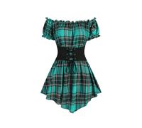 (XXL,Green2301)New Fashion Croset Style Off The Shoulder Corset Waist Plaid Women Top Fashion Hide Tummy Short Sleeve Tee For Summer
