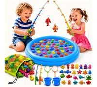 XXL Juego de Pesca Magnético 59 Pcs con Piscina Hinchable - Juguete de Playa, Camping y Exterior para Niños 3-5 Años - Set de Vacaciones con 2 Cañas, 2 Redes, 2 Cubos & Bolsa de Transporte
