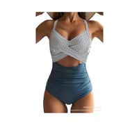 (XXL,Stripe+Blue)One piece swimsuit sexy hollow out women's swimsuit backless tight strap bikini