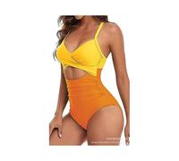(XXL,Yellow+Orange)One piece swimsuit sexy hollow out women's swimsuit backless tight strap bikini