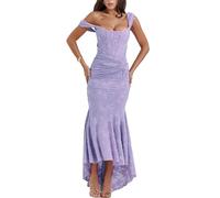 xxxiticat Vestido elegante para mujer, vestido de cola de pez, vestido de espiga, con correa para el hombro, vestido largo fruncido, morado, S