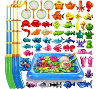 XXXL Juego de Pesca Magnético 56 Pcs con 4 Cañas de Pescar y Piscina - Juguete de Agua para 4 Niños Set de Vacaciones - Ideal para Playa, Camping y Jardín - Set Completo Exterior