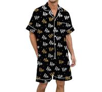 XXXL Mens Pyjamas - Conjunto de de Manga Corta con Botones Y Estampado Multicolor de Satén de Seda para (Black XL)
