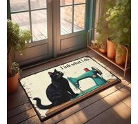 XYBH Alfombra de otoño para puerta delantera, un gato negro se sienta junto a una máquina de coser con el texto "I Ink What I Do". Felpudo divertido otoño (65 x 90 cm)