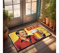 XYBH Alfombra de otoño para puerta delantera, un hombre en una camisa roja sostiene un vaso de cerveza con una gran sonrisa en su cara. Felpudo divertido otoño fuera de la puerta (40 x 60 cm)