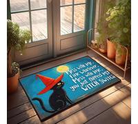 XYBH Alfombrillas de otoño para puerta delantera, diseño de gato negro con sombrero de bruja con una luna en el fondo. Felpudo de entrada para el suelo de la casa (40 x 60 cm)