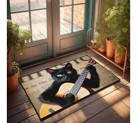 XYBH Divertidos felpudos para puerta delantera, un gato negro tocando una guitarra acústica. Felpudo para interiores y otoño, decoración de otoño para puerta delantera (40 x 60 cm)