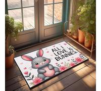 XYBH Felpudo con texto divertido con texto en inglés "A Cute Bunny Surrounded by Pink Flowers With The Text All I Love Is Bunnies". Felpudo para entrada interior, alfombras de otoño para exteriores