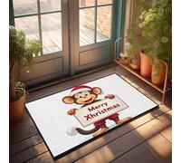 XYBH Felpudo de bienvenida para puerta delantera, diseño de mono sosteniendo un cartel que dice Feliz Navidad. Felpudo de otoño, decoración de habitación al aire libre (65 x 90 cm)