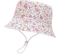 XYIYI - Sombrero de sol para niños, diseño de cubo de algodón, gorro de playa de verano con correa ajustable, Pequeña flor rosa, 4-8 años
