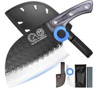 XYJ Authentic Since 1986, Heavy Duty Large Meat Cleaver, cuchillo de carnicero de chef serbio con estuche, cuchillo de cocina vegetariano de Chefs, Full Tang for Outdoor Camping, Wood Handle with