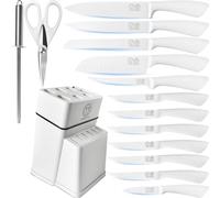 XYJ Authentic Since 1986 - Japanese Kitchen Knife Set with Holder - Stainless Steel Steakmesser, Carving, Slicing, Paring, Santoku and Brotmesser