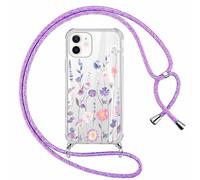 Xylota Funda con Cuerda para iPhone 12/iPhone 12 Pro, Transparente Flores Dibujos Carcasa con Ajustable Cordon Colgar Collar Correa de Cuello Cadena Colgante, TPU Case para iPhone 12 Pro 6,1'', Morado
