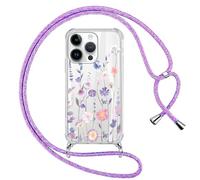 Xylota Funda con Cuerda para iPhone 13 Pro, Transparente Flores Dibujos Carcasa con Ajustable Cordon Colgar Collar Correa de Cuello Cadena Colgante, TPU Bumper Case para iPhone 13 Pro 6,1'', Morado