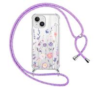 Xylota Funda con Cuerda para iPhone 14/iPhone 13, Transparente Flores Dibujos Carcasa con Ajustable Cordon Colgar Collar Correa de Cuello Cadena Colgante, TPU Bumper Case para iPhone 13 6,1'', Morado