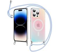 Xylota Funda con Cuerda para iPhone 14 Pro MAX, Carcasa Cordon Ajustable Colgar Collar Correa de Cuello Cadena Colgante,Magnética Iridiscente Mate Translúcida Case,Compatible con MagSafe,Azul