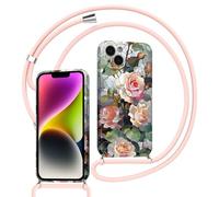 Xylota Funda con Cuerda para iPhone 14, Silicona Flores Otoño Carcasa con Ajustable Cordon Colgar Collar Correa de Cuello Cadena Colgante, TPU Protector Bumper Case para iPhone 14 6,1'', Rosa