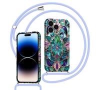 Xylota Funda con Cuerda para iPhone 15 Pro, Silicona Flores Otoño Carcasa con Ajustable Cordon Colgar Collar Correa de Cuello Cadena Colgante, TPU Protector Bumper Case para iPhone 15 Pro 6,1'', Azul