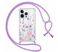 Xylota Funda con Cuerda para iPhone 15 Pro, Transparente Flores Dibujos Carcasa con Ajustable Cordon Colgar Collar Correa de Cuello Cadena Colgante, TPU Bumper Case para iPhone 15 Pro 6,1'', Morado