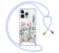 Xylota Funda con Cuerda para iPhone 15 Pro, Transparente Flores Dibujos Carcasa con Ajustable Cordon Colgar Collar Correa de Cuello Cadena Colgante, TPU Bumper Case para iPhone 15 Pro 6,1'', Azul
