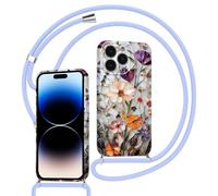 Xylota Funda con Cuerda para iPhone 16 Pro, Silicona Flores Otoño Carcasa con Ajustable Cordon Colgar Collar Correa de Cuello Cadena Colgante, Protector Bumper Case para iPhone 16 Pro 6,3'', Morado