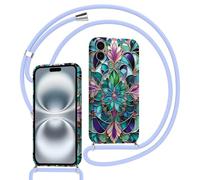 Xylota Funda con Cuerda para iPhone 16, Silicona Flores Otoño Carcasa con Ajustable Cordon Colgar Collar Correa de Cuello Cadena Colgante, TPU Protector Bumper Case para iPhone 16 6,1'', Azul