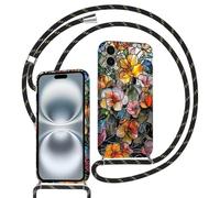 Xylota Funda con Cuerda para iPhone 16, Silicona Flores Otoño Carcasa con Ajustable Cordon Colgar Collar Correa de Cuello Cadena Colgante, TPU Protector Bumper Case para iPhone 16 6,1'', Colorido