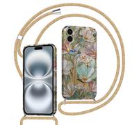 Xylota Funda con Cuerda para iPhone 16, Silicona Flores Otoño Carcasa con Ajustable Cordon Colgar Collar Correa de Cuello Cadena Colgante, TPU Protector Bumper Case para iPhone 16 6,1'', Verde