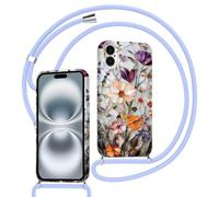 Xylota Funda con Cuerda para iPhone 16, Silicona Flores Otoño Carcasa con Ajustable Cordon Colgar Collar Correa de Cuello Cadena Colgante, TPU Protector Bumper Case para iPhone 16 6,1'', Morado
