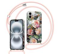 Xylota Funda con Cuerda para iPhone 16, Silicona Flores Otoño Carcasa con Ajustable Cordon Colgar Collar Correa de Cuello Cadena Colgante, TPU Protector Bumper Case para iPhone 16 6,1'', Rosa