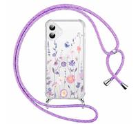 Xylota Funda con Cuerda para iPhone 16, Transparente Flores Dibujos Carcasa con Ajustable Cordon Colgar Collar Correa de Cuello Cadena Colgante, Protector TPU Bumper Case para iPhone 16 6,1'', Morado
