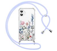 Xylota Funda con Cuerda para iPhone 16, Transparente Flores Dibujos Carcasa con Ajustable Cordon Colgar Collar Correa de Cuello Cadena Colgante, Protector TPU Bumper Case para iPhone 16 6,1'', Azul