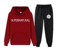 XYMCX Chándal con capucha para hombre de Supernatural, conjunto deportivo informal de 2 piezas para correr y jogging, trajes cálidos de otoño e invierno, camisetas y pantalones sudadera.,Wine Red-s