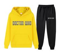 XYMCX Chándal de Doctor Who para hombre, conjunto informal de 2 piezas de manga larga con sudadera y pantalones de chándal para mujer, sudadera con capucha y estampado de letras,Yellow-m