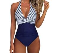 XYNM Bikini Mujer Trajes De Baño Una Pieza Las Mujeres Control del Estómago para Halter V Cuello Criss Cross Ruched Empujar Arriba Traje Adelgazante-Blue -s