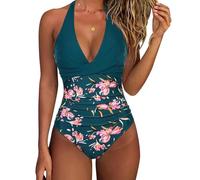 XYNM Bikini Mujer Trajes De Baño Una Pieza Las Mujeres Control del Estómago para Halter V Cuello Criss Cross Ruched Empujar Arriba Traje Adelgazante-Green Black-m